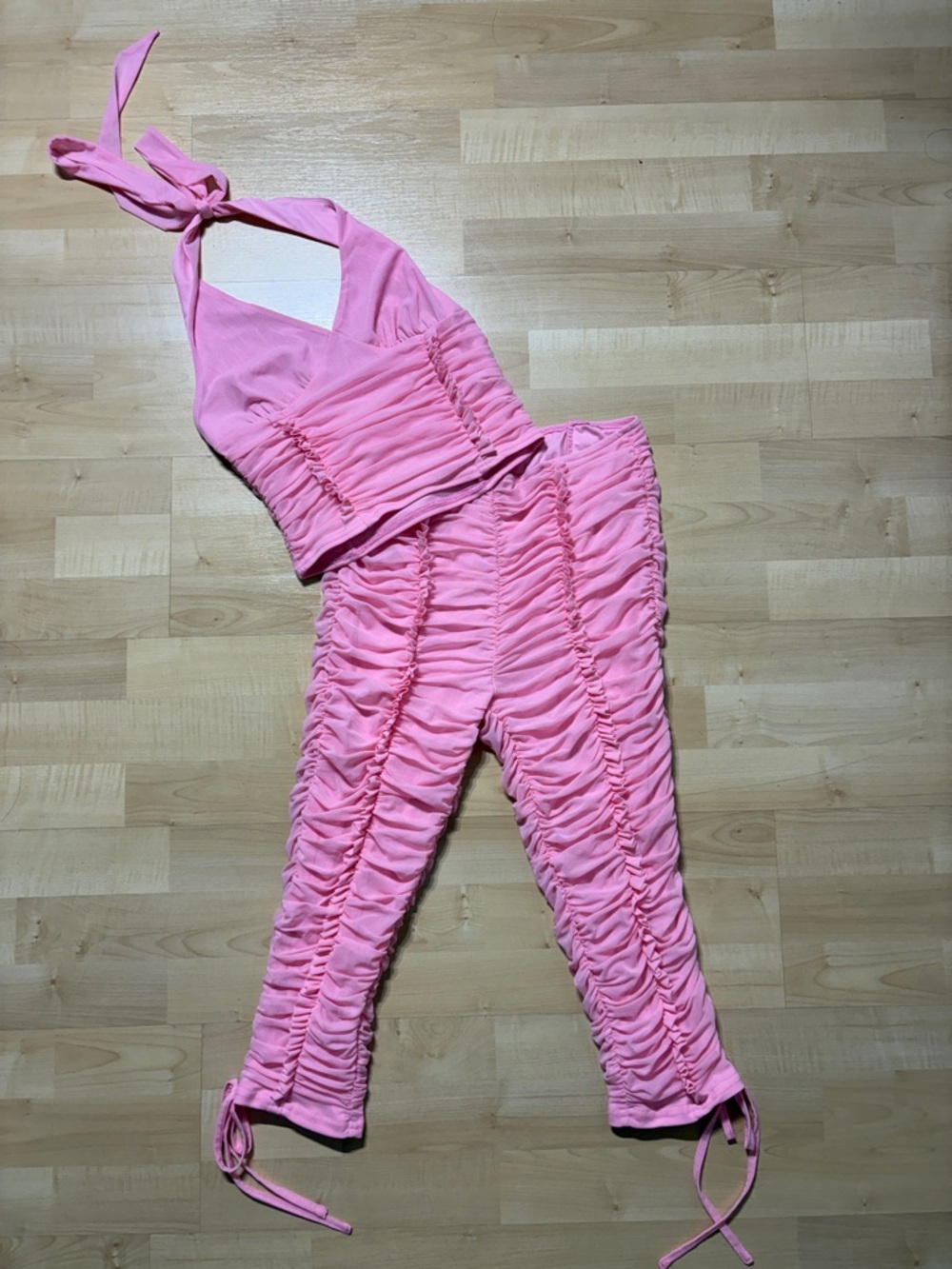 Fashion Nova Pink Ruched Halter Track Pants & Top Set